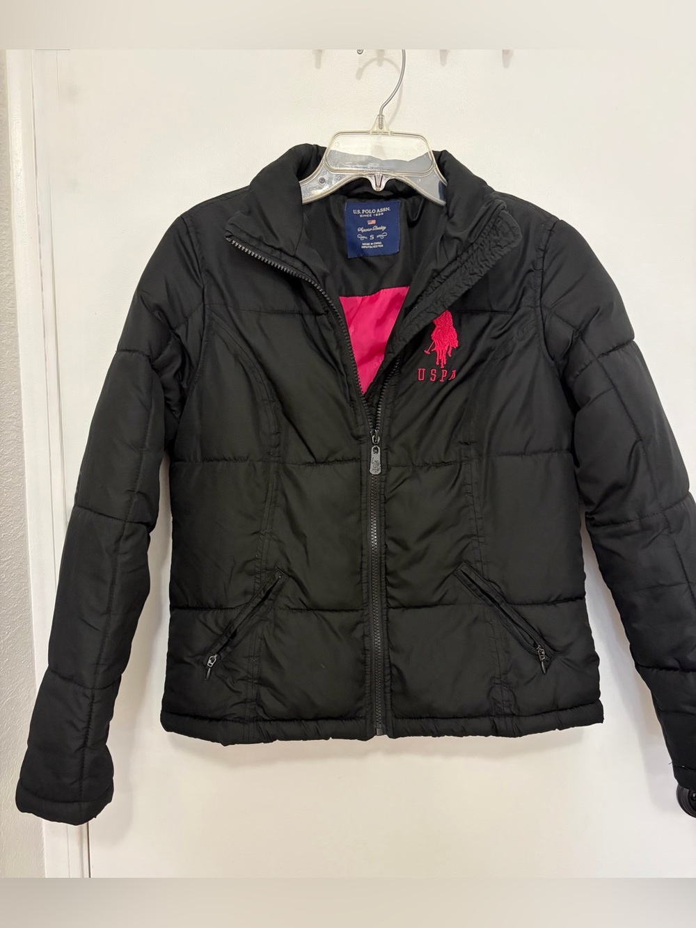 U.S. Polo Assn. Black Puffer Jacket with Pink Logo Accent